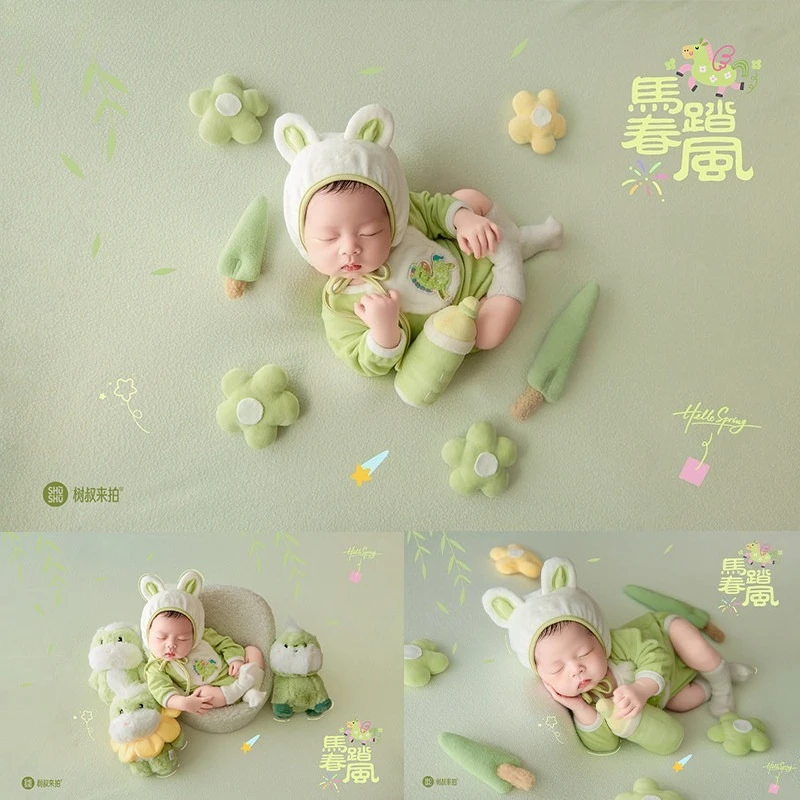 Newborn Photography Props Green Theme Set Floral Cute Horse Doll Milke Bottles Blanket Theme Set for Studio Photoshoot Accessory