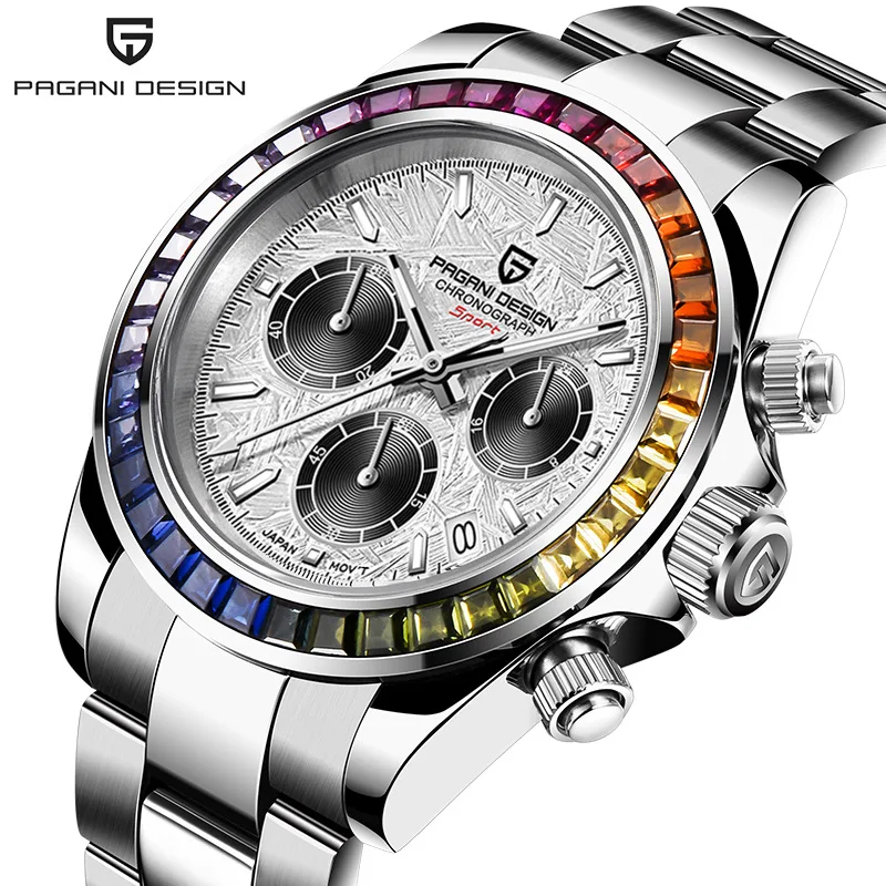 PAGANI DESIGN PD-1644 Rainbow Bezel Sport Watch Men Quartz Stainless Steel 100M Waterproof Mens Watch VK63 Sapphire Chronograph