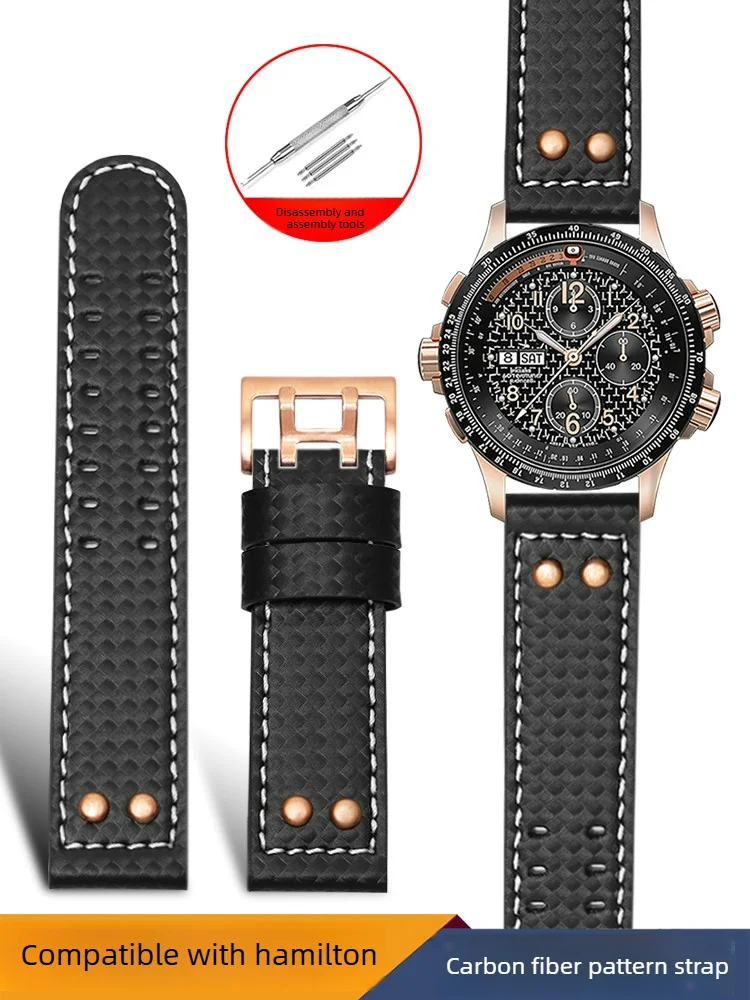 Carbon Fiber Pattern Leather Watch Strap Is for Hamilton Khaki Aviation Series H77696793 77616533 Men