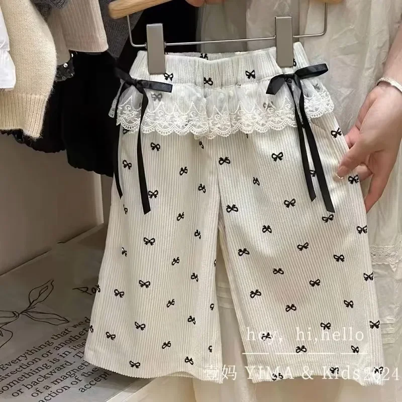

2025 Baby Girl Bow Pant Loose Lace Spliced All Print Bow Straight Pant For Little Girl Loose Children Girl Wide Leg Pants