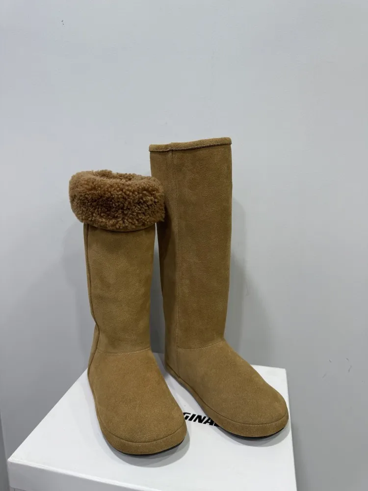 Women Vintage Winter Slip On Comfortable Round Toe Cow Suede Leather Lady Knee High Boots Platform Warm Fleece Lining Snow Boots