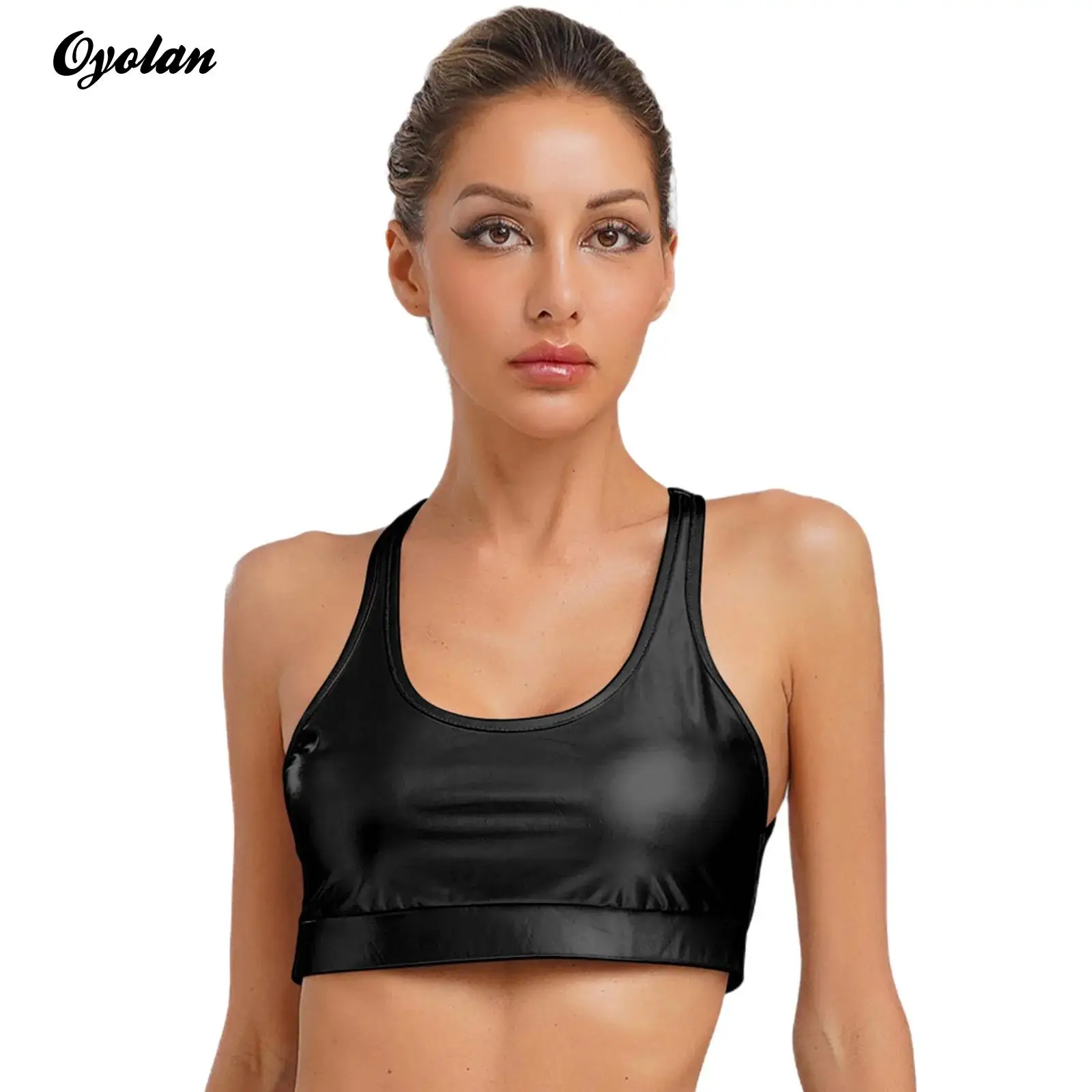 

Womens Metallic Shiny Tank Top Low Scoop Neck Corset Crop Top Slim Fit Gym Fitness Camisole Pole Dance Clothing Rave Club Wear