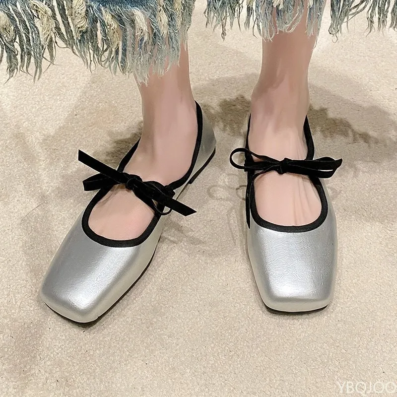 Spring summer new simple comfortable solid color single shoe silver  low heel versatile shallow mouth women's shoes