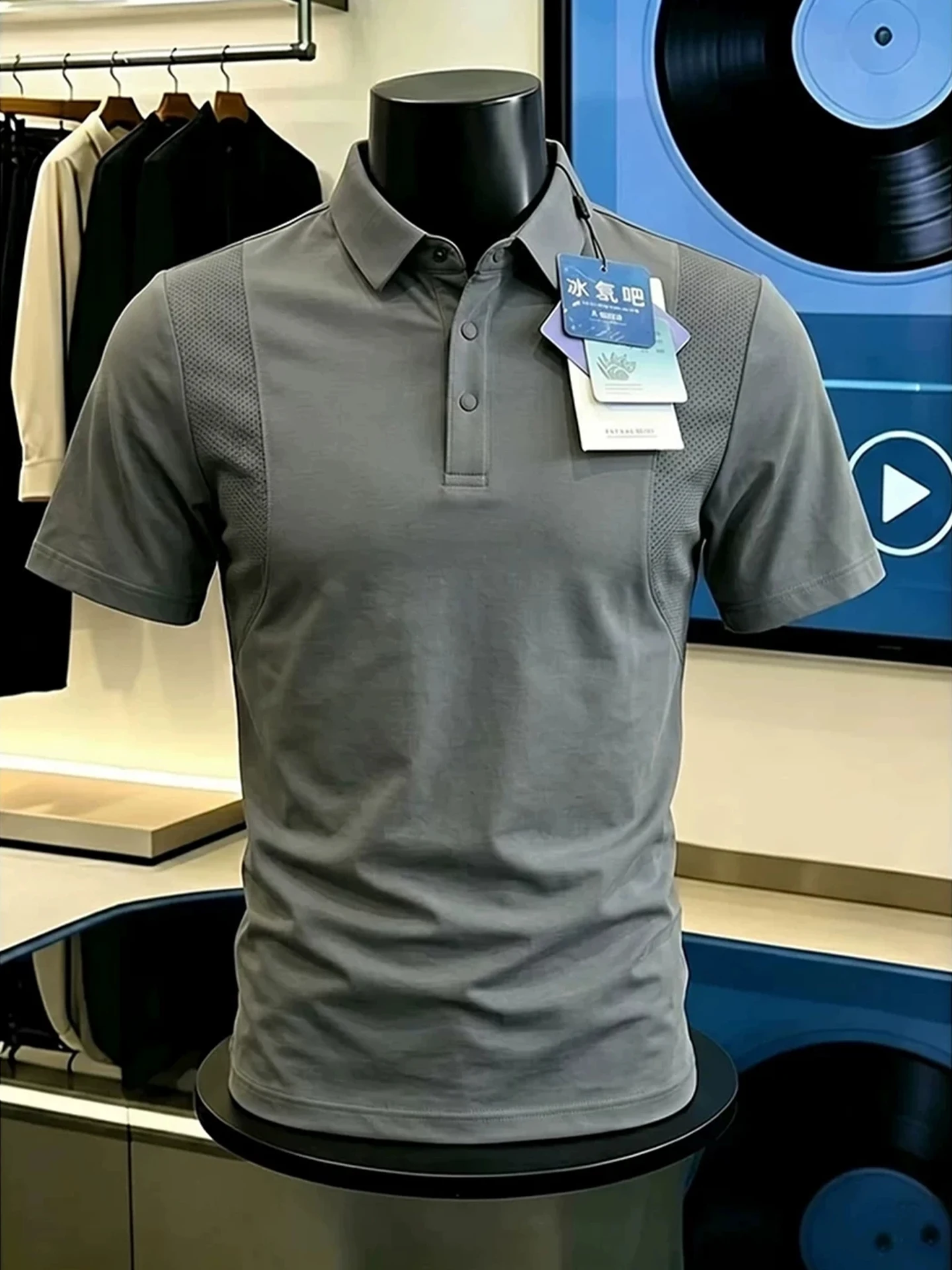 Ice Silk Business  Shirt Men Summer Lightweight Breathable High-End Feeling Short Sleeve American Shoulder Deep Grey T-shirt