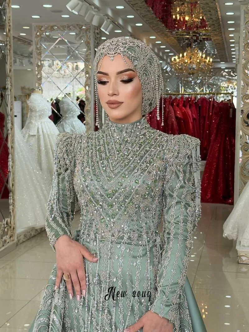 Two Pieces Beading Sage Green Prom Dress With Detachable Train 2026 Luxury Women Wedding Guest Gowns Plus Size Customized Robes view 3