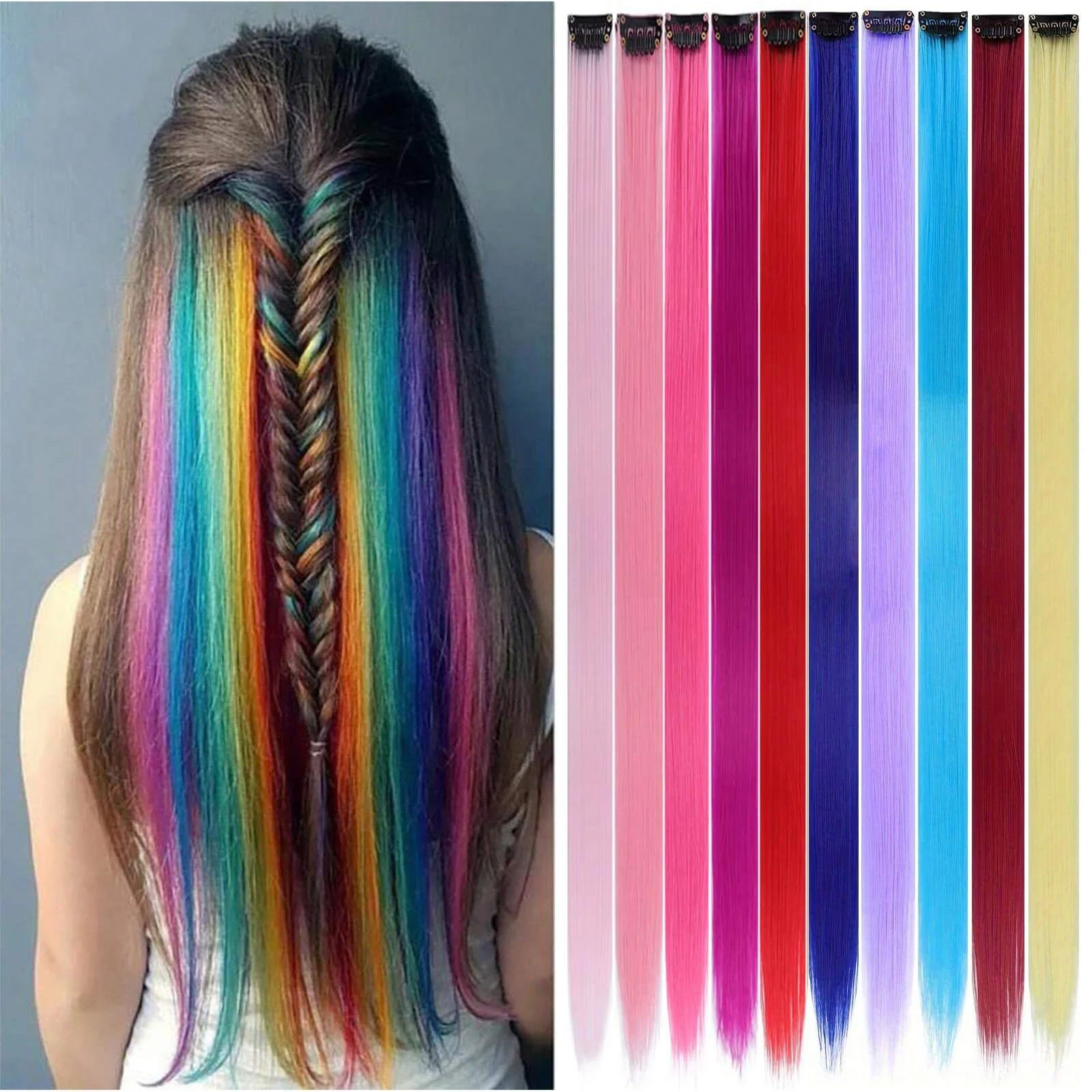10pcs Multicolor Hair Extensions Highlights Hair Clip In Synthetic Hair Extensions Straight Hairpieces For Women Cosplay Party