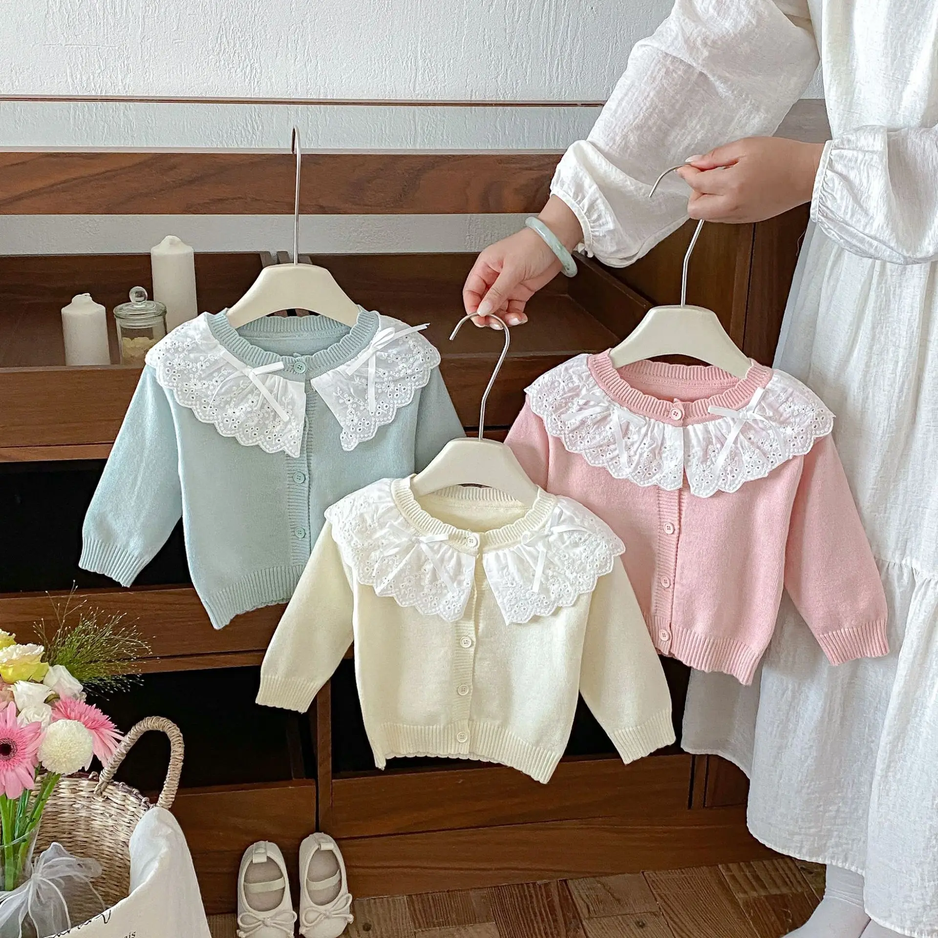 2026 Autumn New Girls Long Sleeve Knitted Coat Cute Sweet Baby Girl Lace Lapel Sweater Cardigan Solid Infant Toddler Clothes
