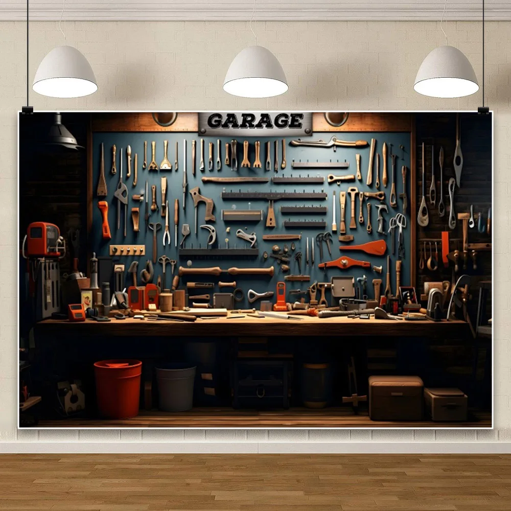 Laeacco Vintage Garage Backdrop Car Repair Tools Wood Wall Workshop Warehouse Mechanic Party Portrait Photography Background