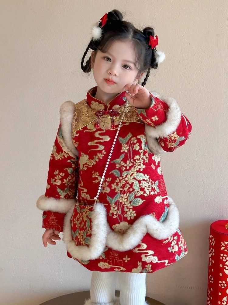

Зимний утепленный костюм для девочек с флисовой подкладкой, традиционный китайский наряд для Нового года, детская одежда