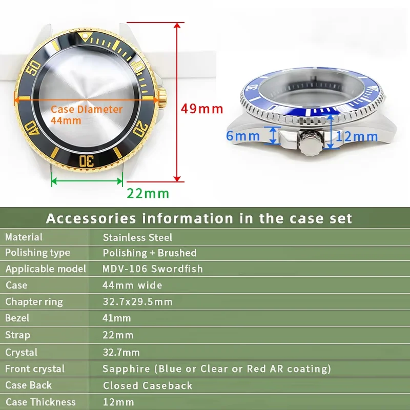 Boîtier de montre en acier inoxydable massif pour Casio MDV-106, ensemble de poisson-épée, horloge 3'o, polissage du cristal saphir/accessoires de montre brossés