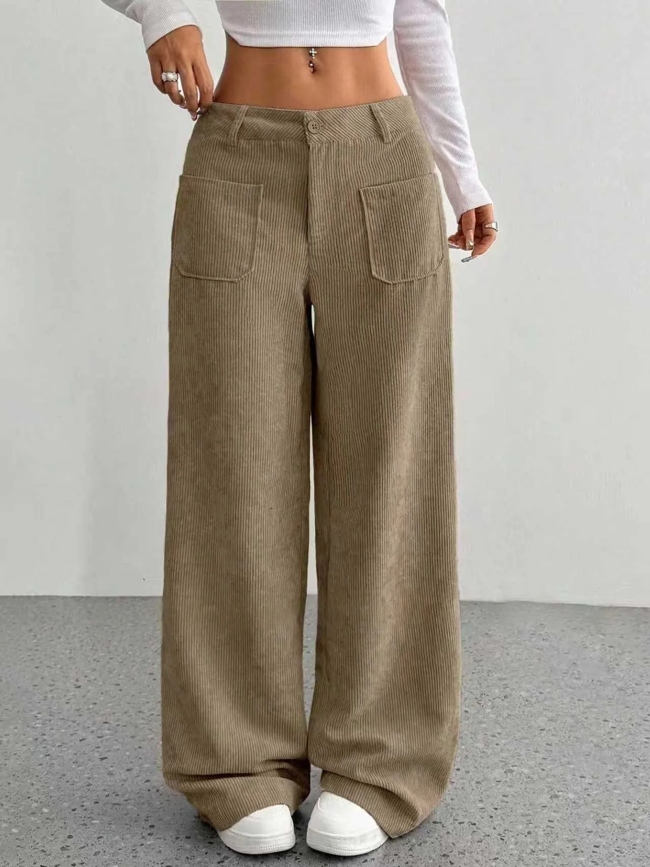 Pantaloni casual di nuova moda tinta unita larghi quotidiani comodi stile pendolarismo abbigliamento donna tasca a vita alta vestiti a gamba larga