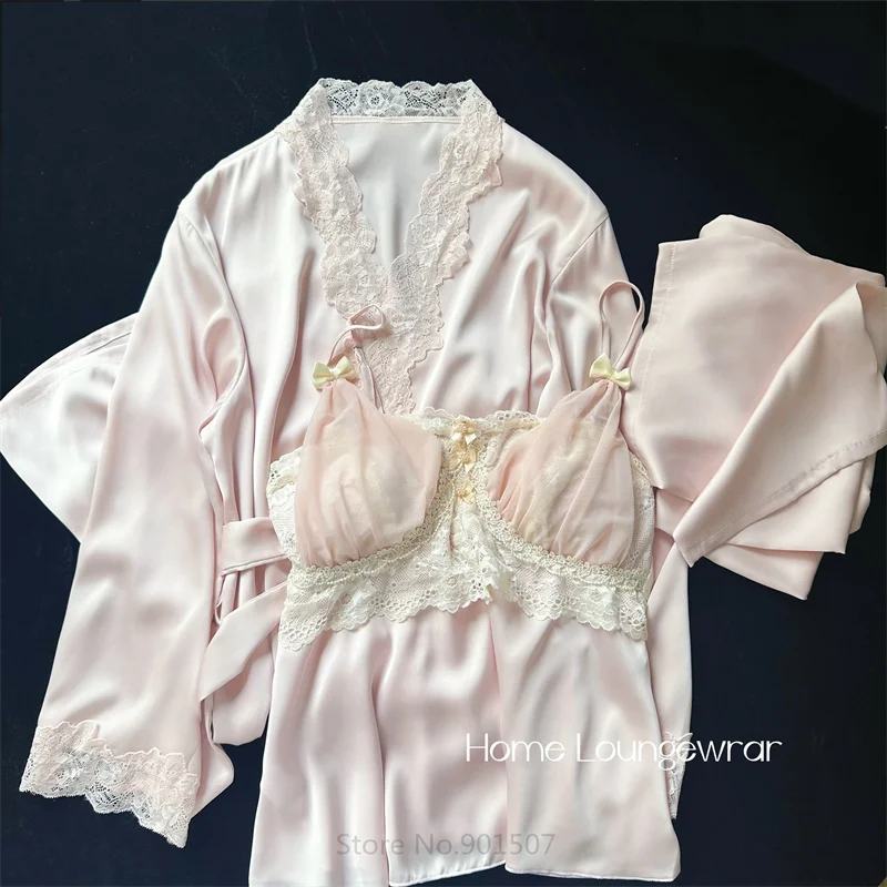 Conjunto de Pijamas de estilo princesa para el hogar, ropa de dormir de rayón con ribete de encaje rosa, bata de baño, camisola y pantalones, 3 piezas