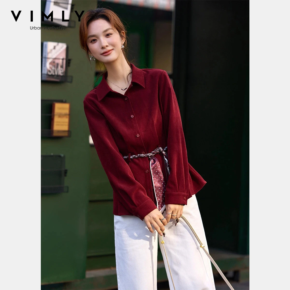 

Женская повседневная блузка VIMLY с длинным рукавом, воротником-поло, поясом-шарфом, плиссированная, облегающая, красная, весна 2026, A3666