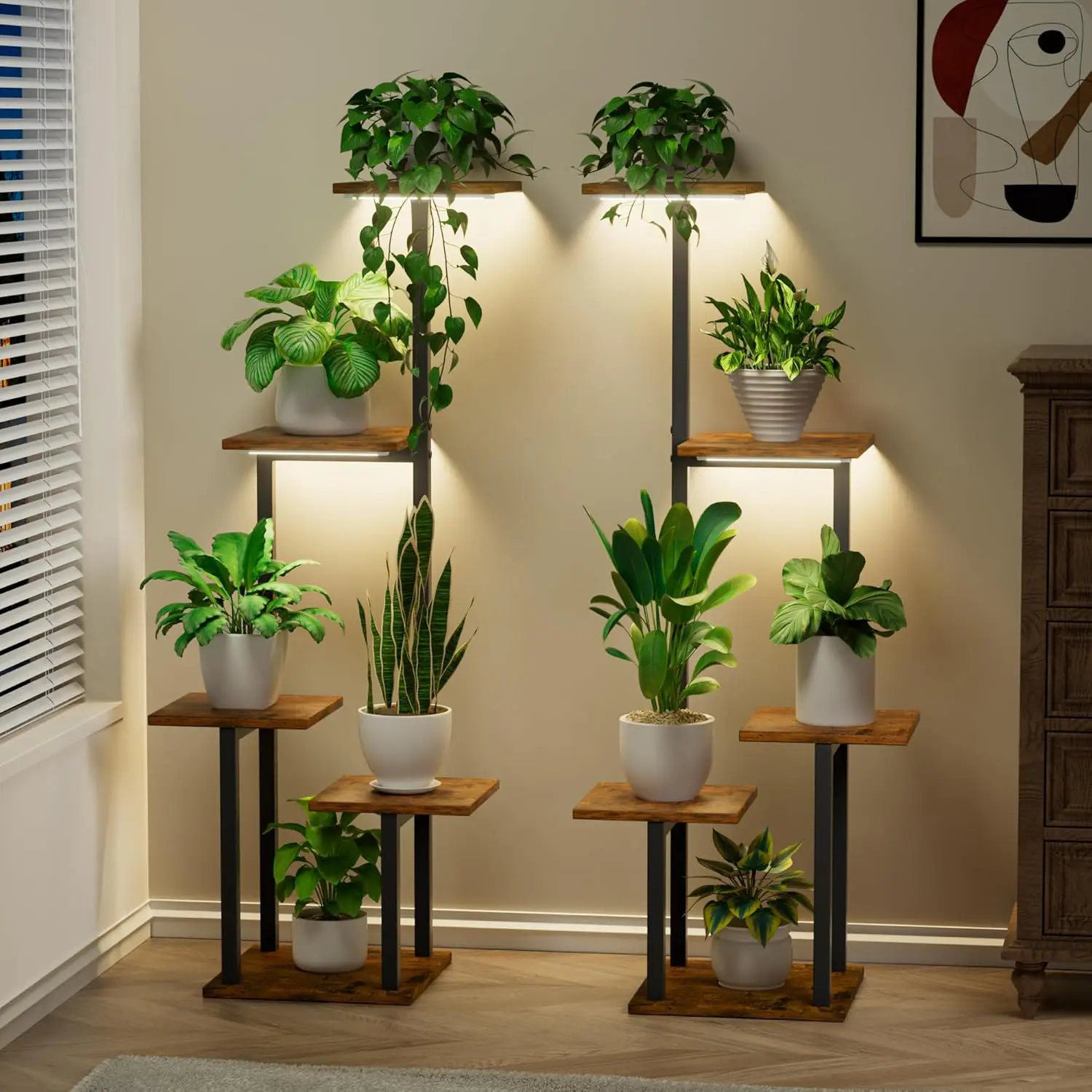 Plant Stand Indoor Met Kweeklamp-2 Pack Metalen Plant Plank Voor Kamerplanten Meerdere, 5 Gelaagde Hoekplant Standplanken