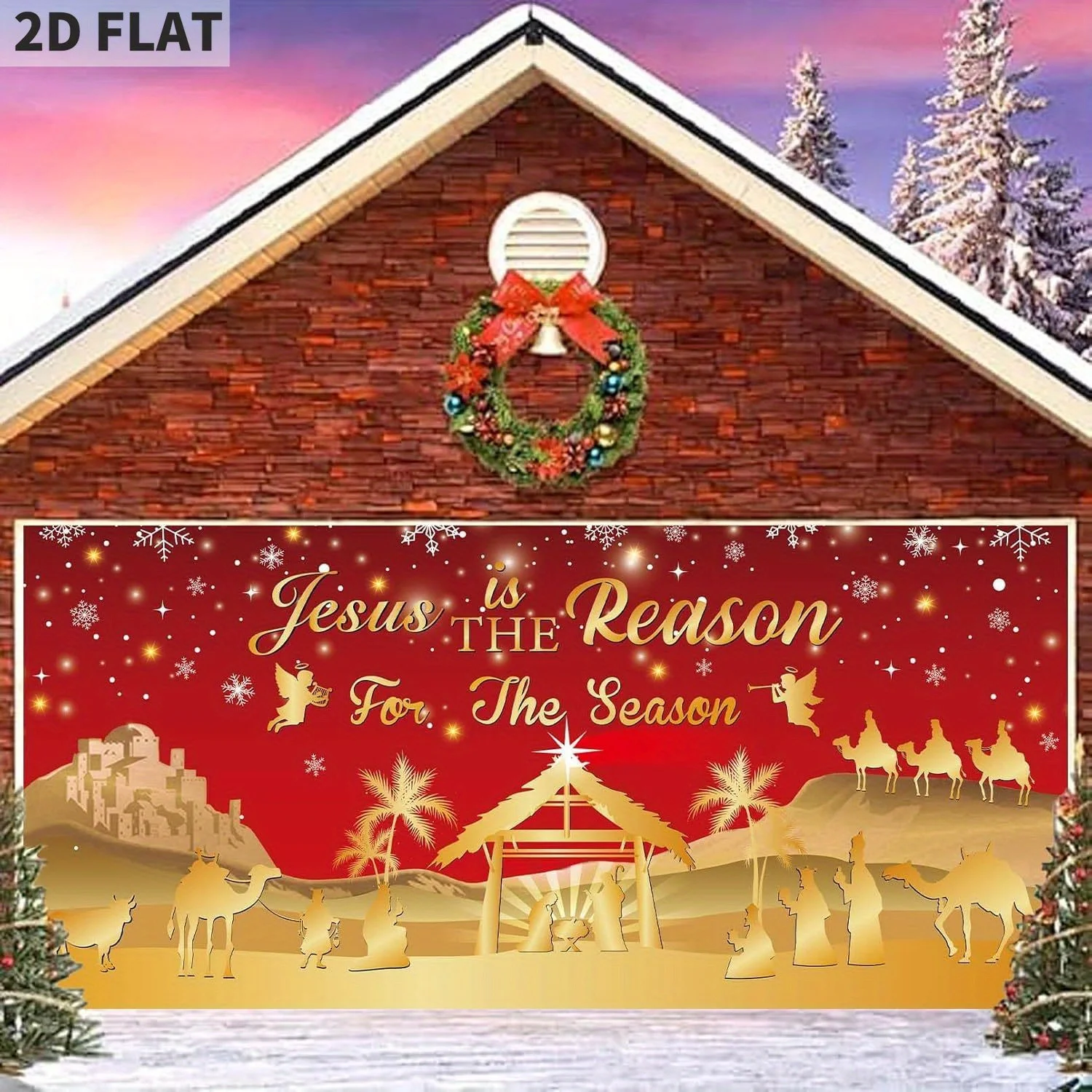 

Red Christmas Garage Door Cover Decorations - Nativity Scene Banner Backdrop Gold Jesus Outdoor Christmas Holidays Garage Door