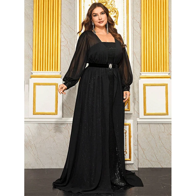 Plus Size Bust-Wrapped Long Luxury Evening Dress Big Size Chiffon Cape Sequined Long Elegant Woman\'s Evening Dress 5xl 6xl