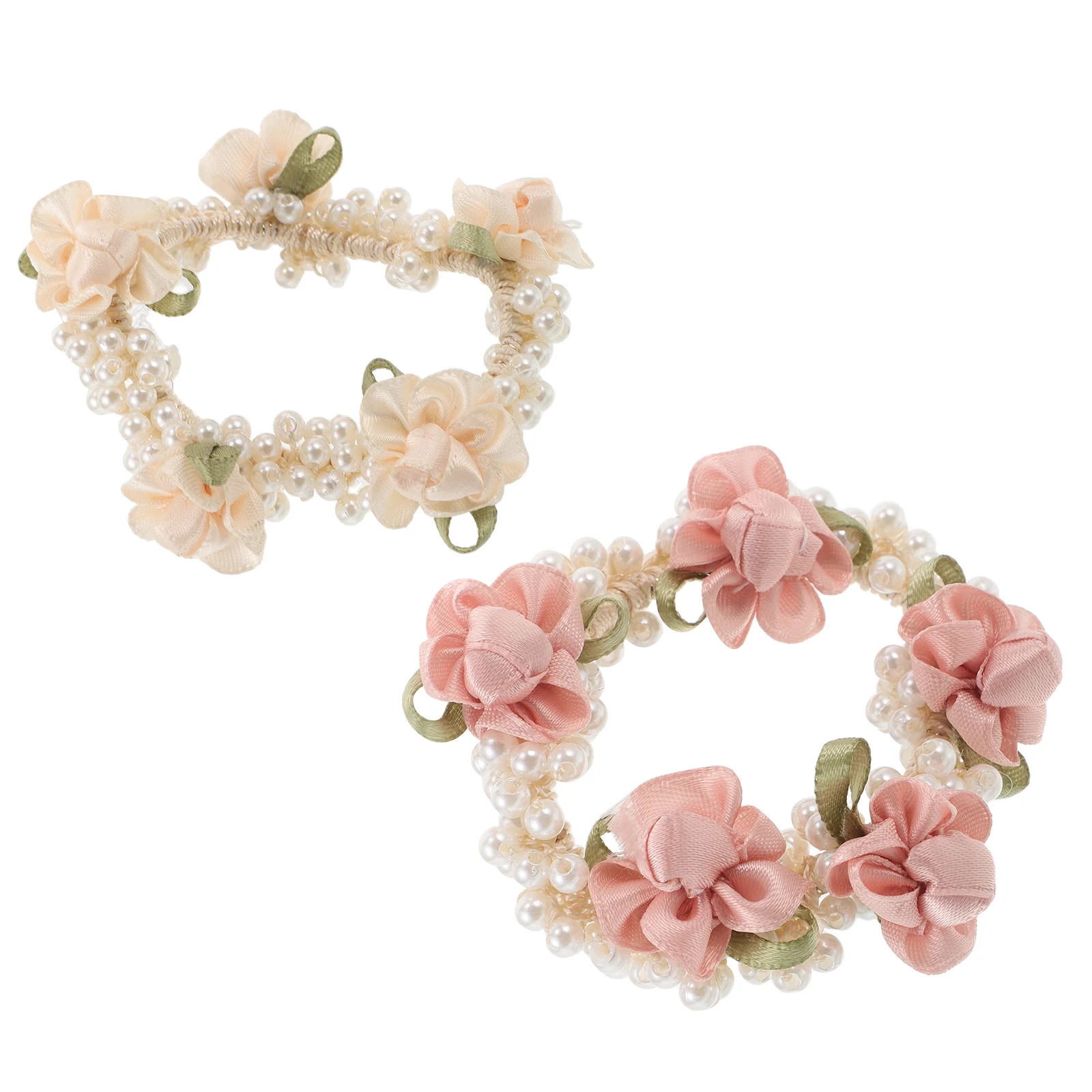 

2pcs Pearl Hair Rope Pink Beige Elastic Headband Knotted Accessories Women Hair Ties Girls Ponytail Holders Floral