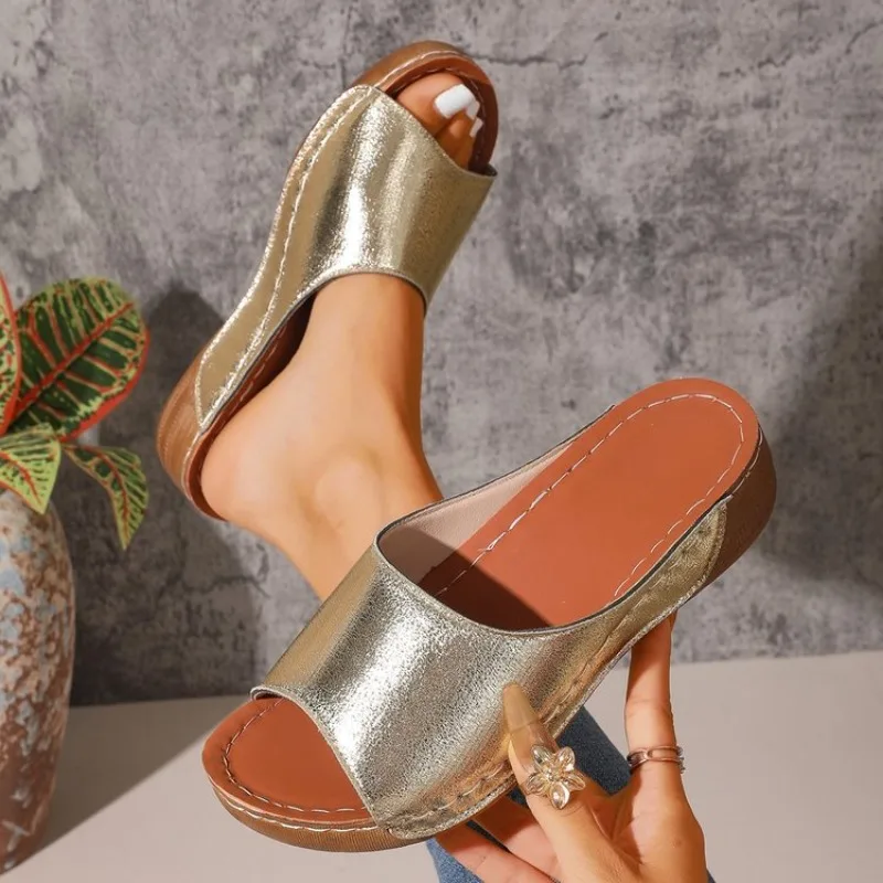 Women's Sandals Open Toe Low Wedge Heel Slip on Slides Metallic Look Finish Contrast Stitching Casual Summer Walking Footwear