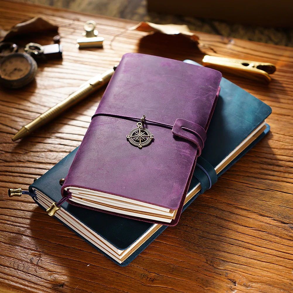 TN Crazy Horse Leather Traveler's Notebook Passport Size 135x105mm Refillable Journal, 3 Inserts Blank Lined Grid Elastic Band