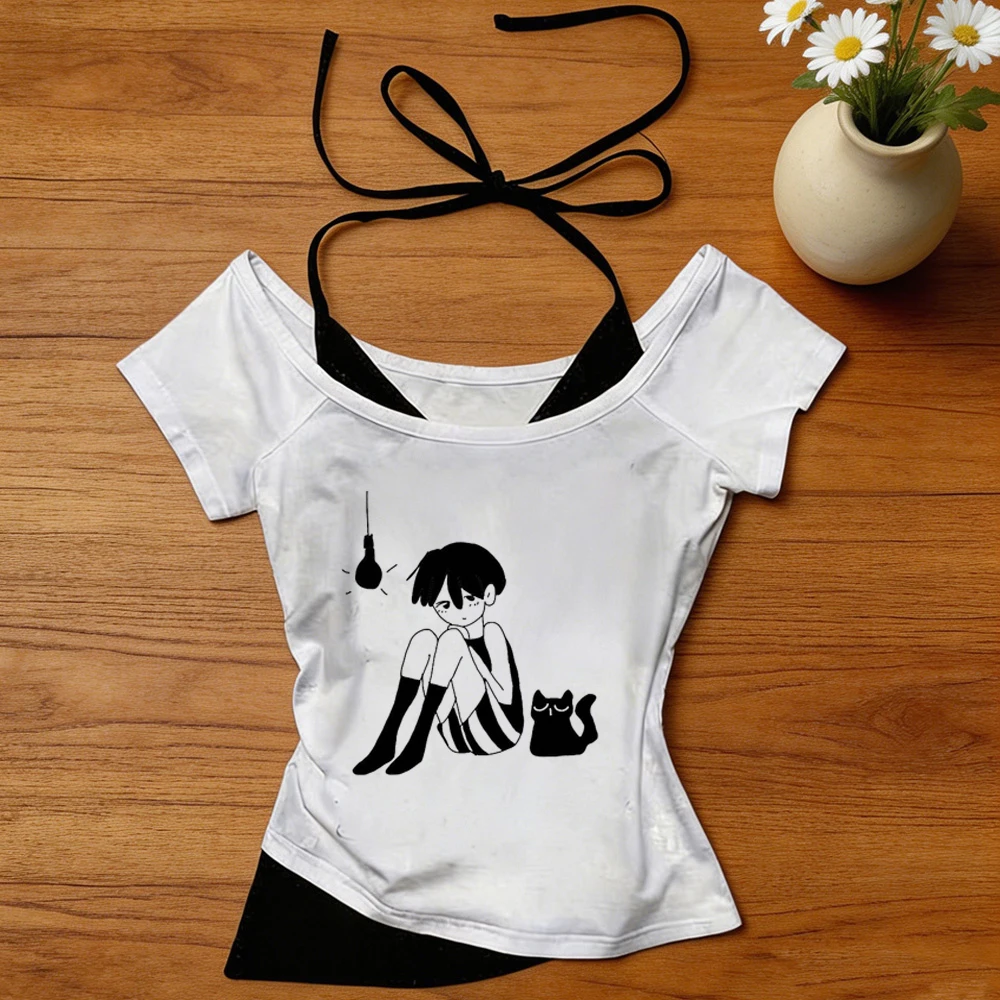 Omori crop top shoujo dollette streetwear cute kawaii goth t-shirt scene  y2k kawaii graphic emo