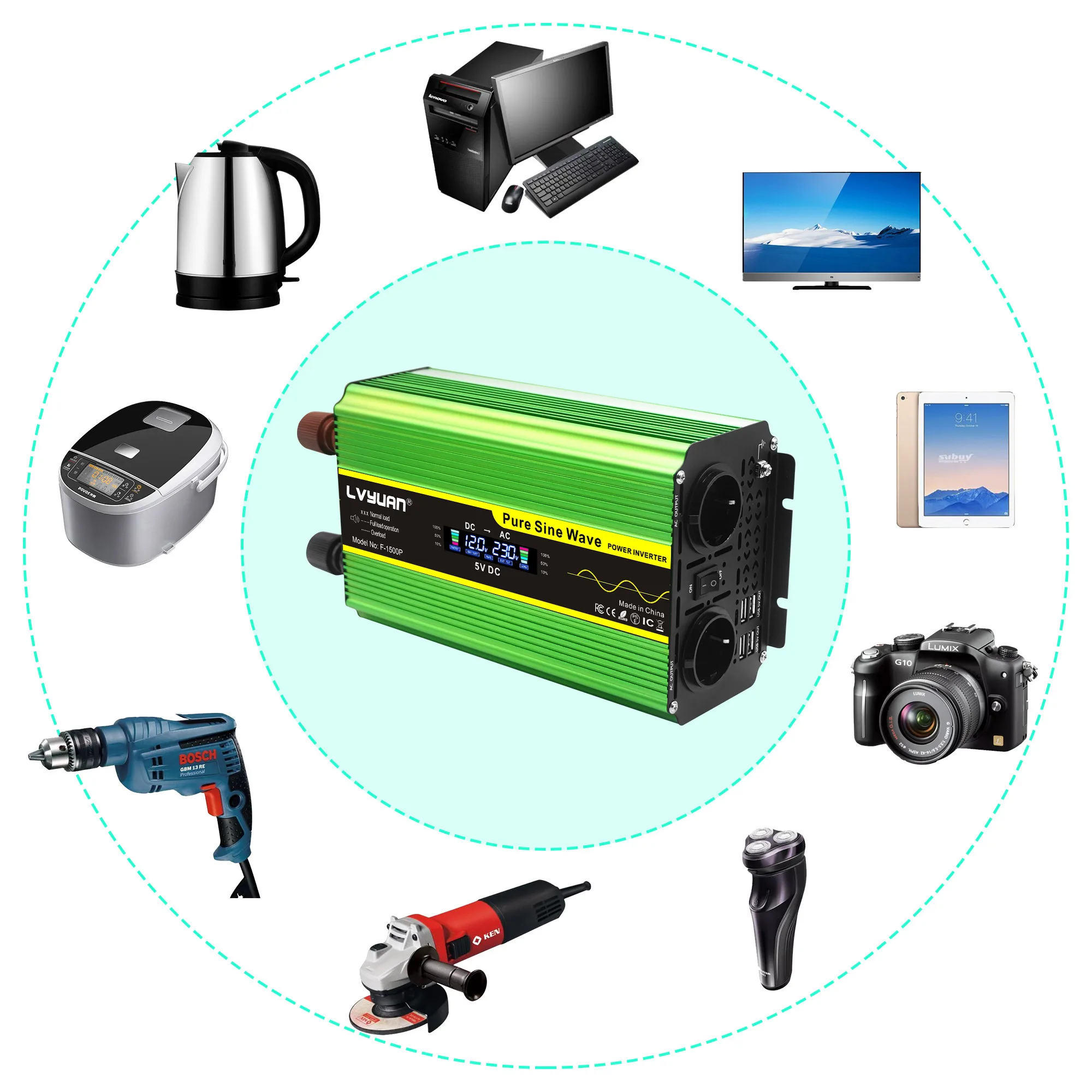 Manufacture LVYUAN Pure Sine Wave Inverter 1600 Watts 12V to 110V 220V DC to AC LCD Display Inverter with Remote Controller - view 6