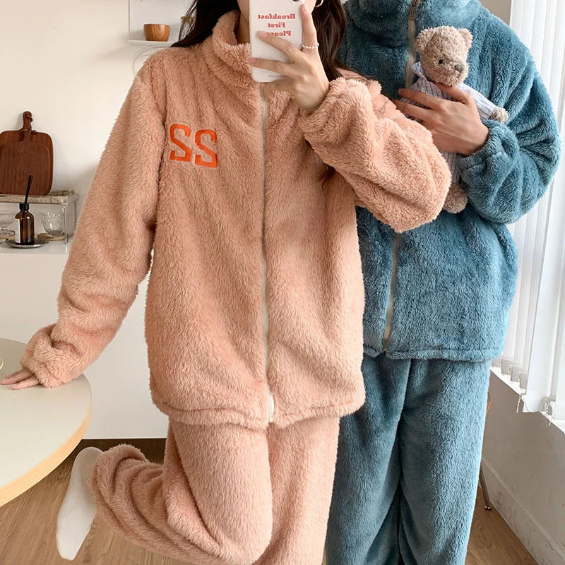 Autumn Winter Couples Flannel Thickened Warm Pajamas Women\'s Long-sleeved Zipper Plush Suit Men\'s Home Wear