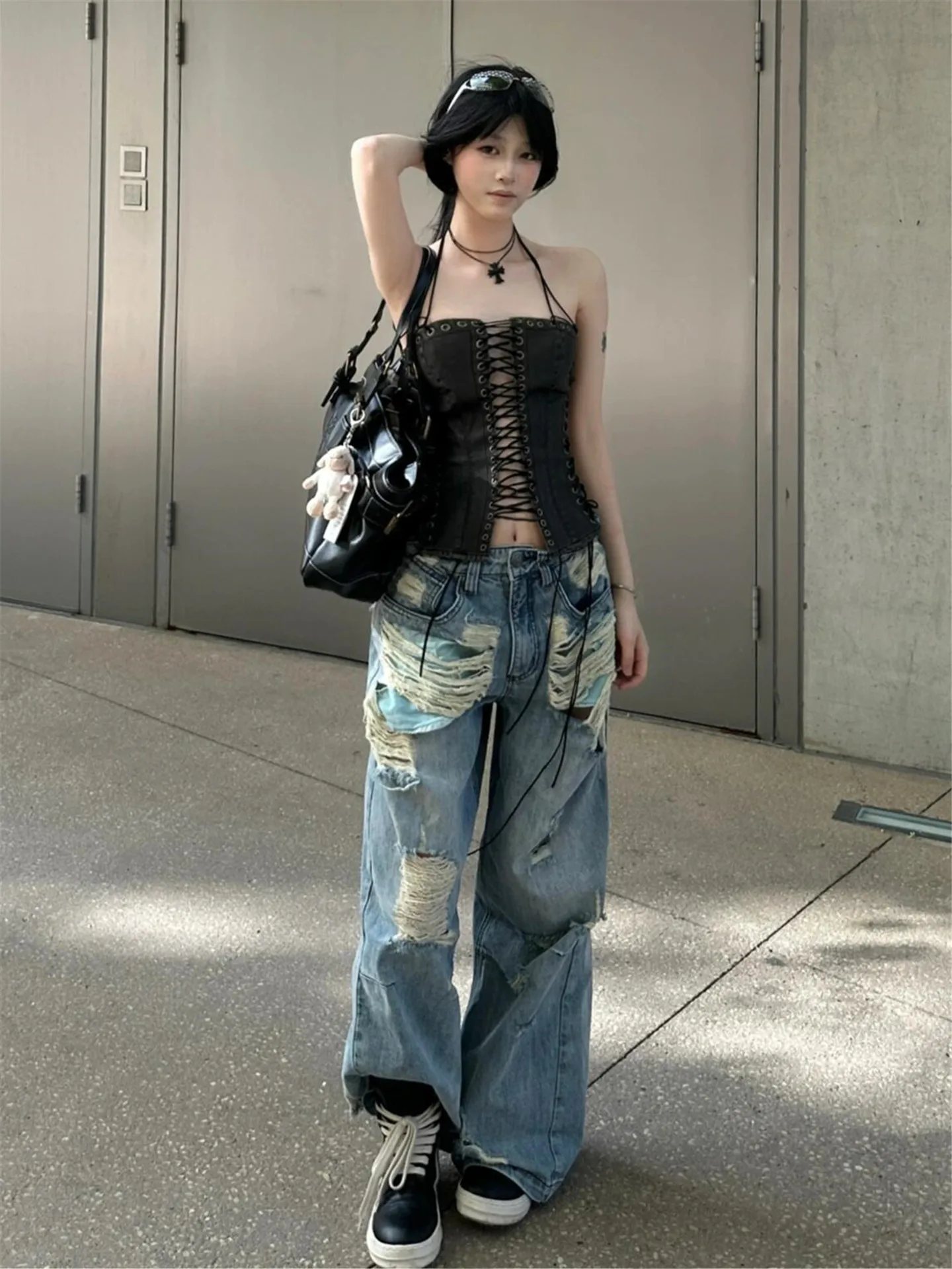 

American High Street Style Women's Skinny Jeans Summer Thin Loose Long Wide Leg Pants with Hole Washed Cotton Natural Waist