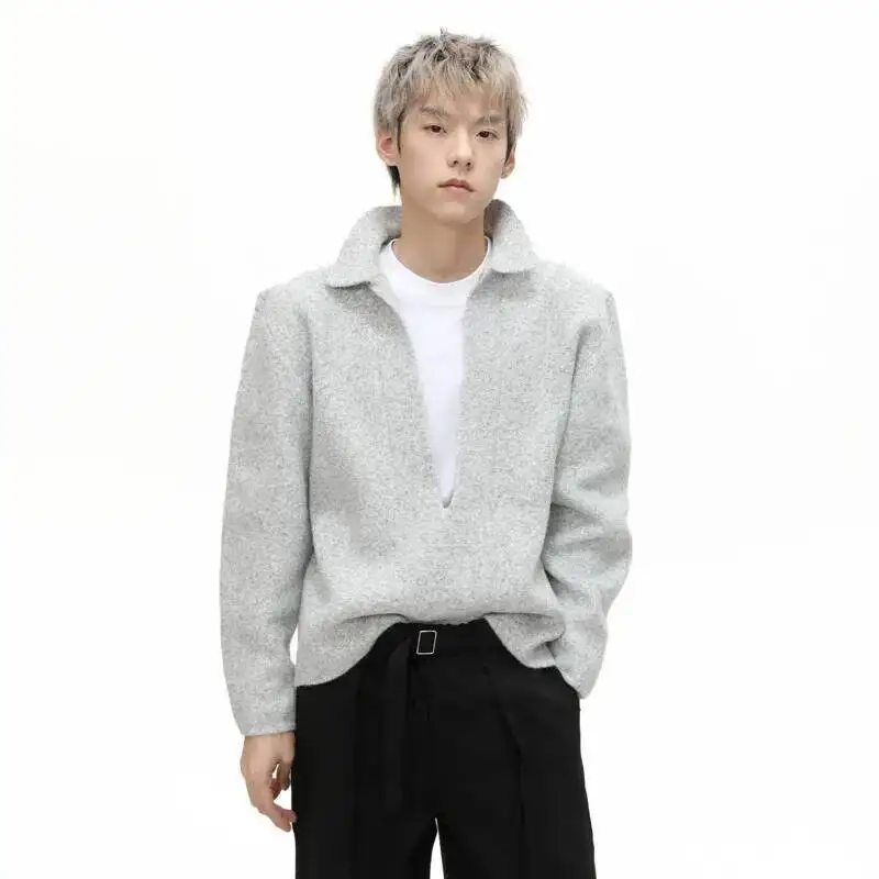 سترات رجالية شتوية على الطراز الكوري لعام 2025 بلوزات حياكة عميقة على شكل حرف v بلون سادة بلوفر سميك غير رسمي فضفاض للرجال #4