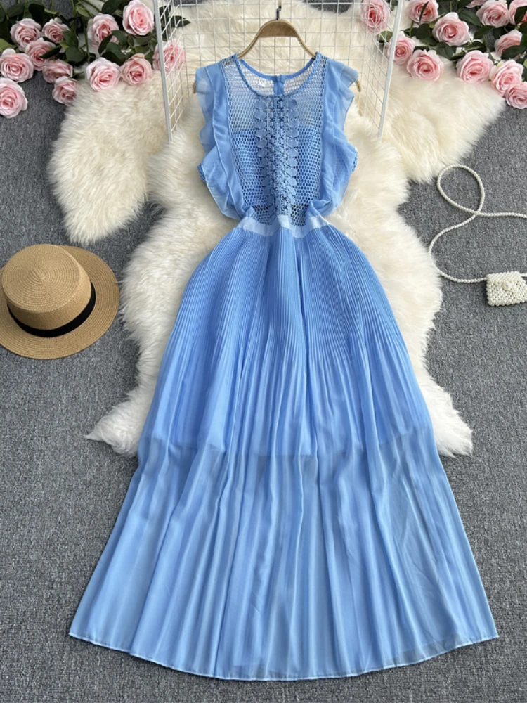 

Summer Chiffon Dress for Women Sweet Flying Sleeves Pleats Slim Hollow Out Design Feeling Robe High Waist Wedding Dresses