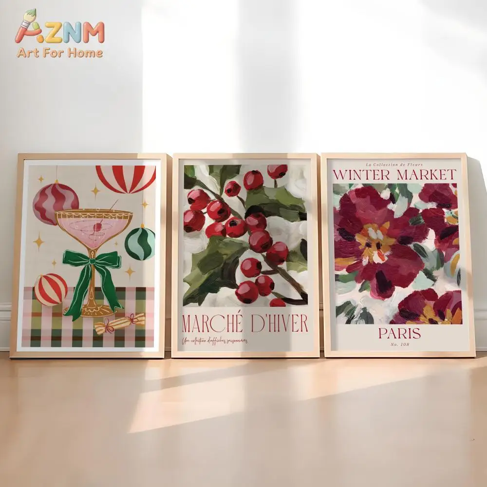 AZNM Frameless Canvas Poster Winter Market Paris Red Peony Holly Berry Cocktail Print, Vintage Botanical Wall Art Picture for Li