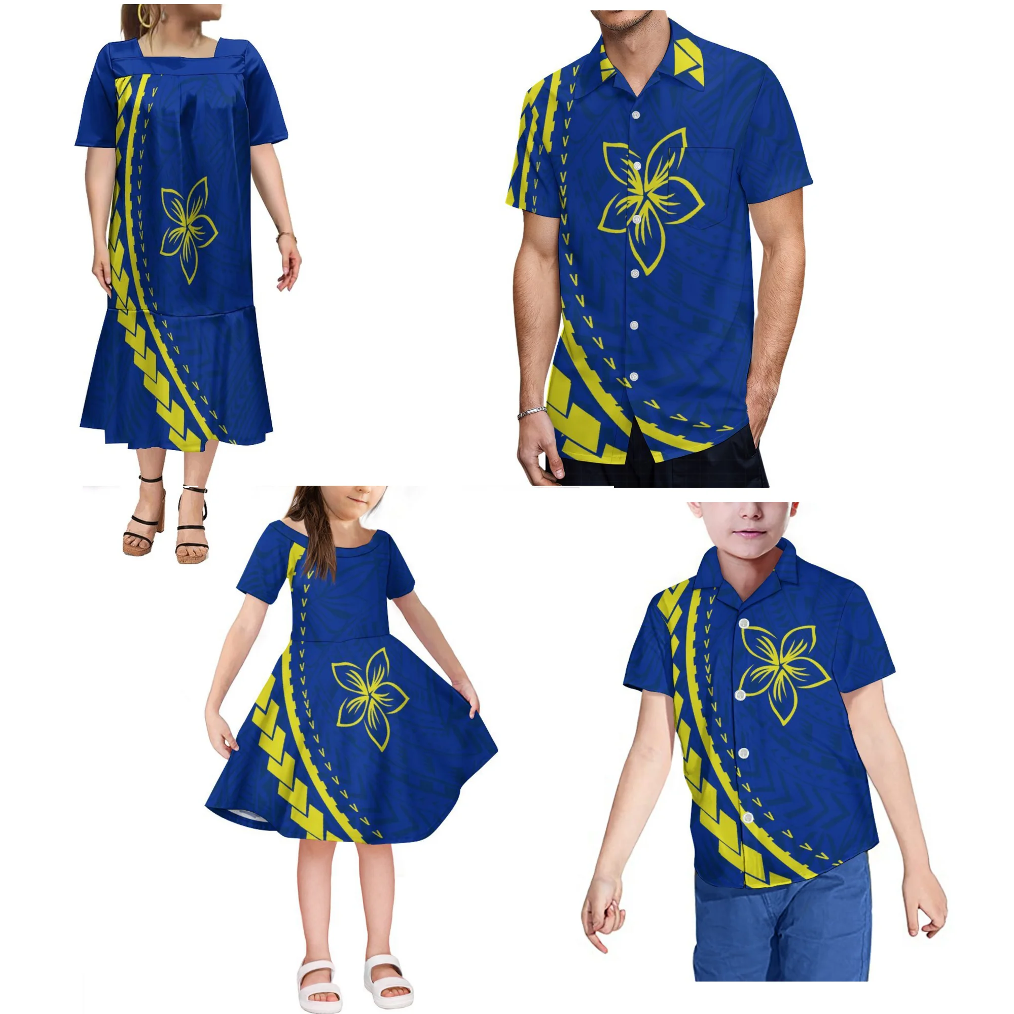 Custom Patterned Pacific Island Art Mumu Women'S Dress Polynesian Tribe Sublimated Printed Men'S Aloha Shirt Family Set