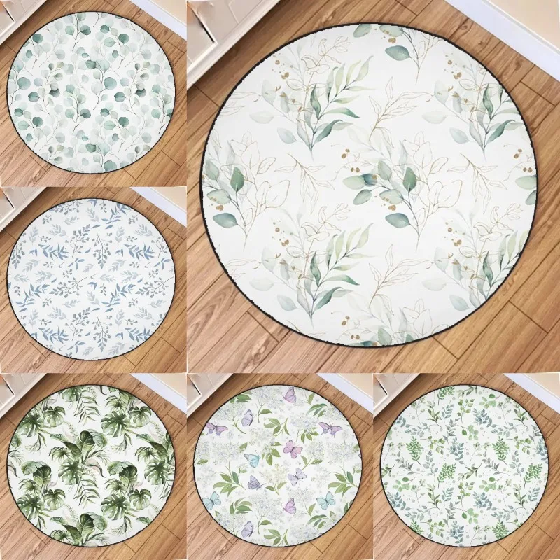 Minimalist Watercolor Green Branch Rug, Natural Leaves and Flowers Floor Mat for Living Room or Bedroom, Home Decor Accent