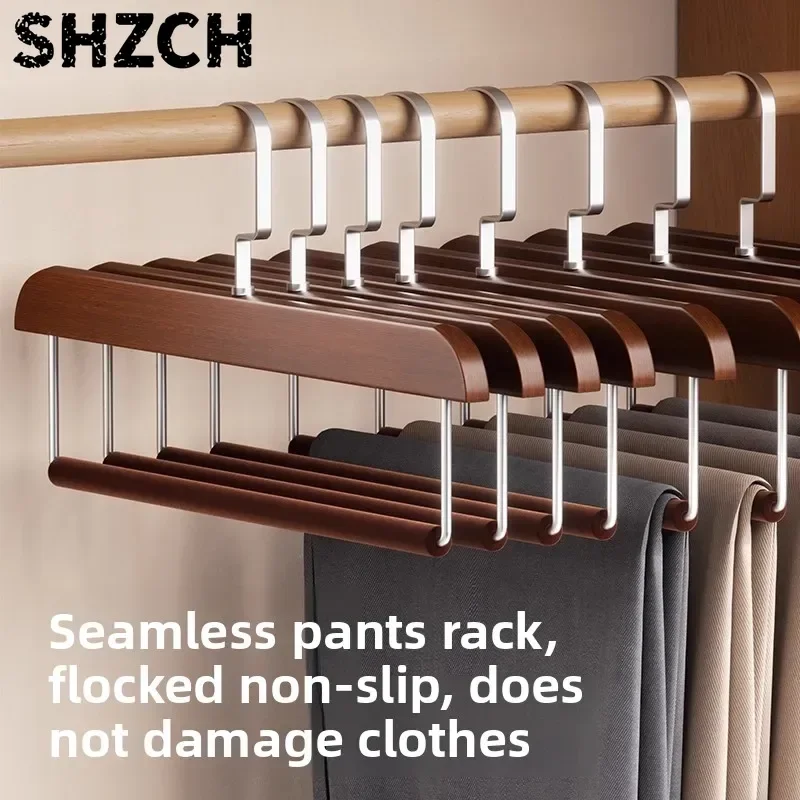 Solid Wood Flocked Pants Hanger with Clips Non Slip Non Mark Trouser Organizer for Home Closet Wardrobe Daily Storage 바지 걸이