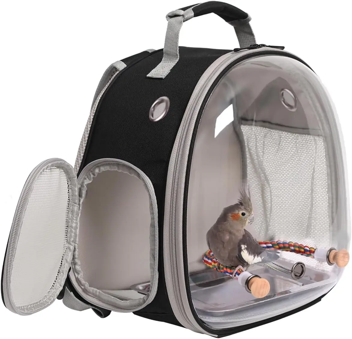 

Small Bird Travel Backpack Carrier Cage, Backpack to Transport Backpack Carrier with Metal Tray Stand Perch for Parakeet Cockati