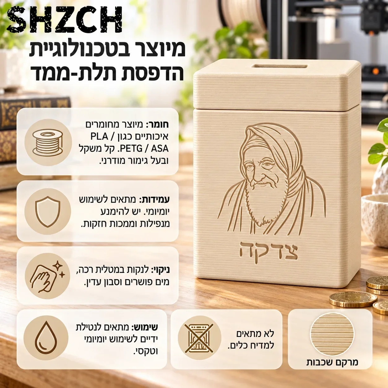 Rabbi Portrait Hebrew Engraved Tzedakah Box Jewish Pushka Charity Box Judaica Gift for Shabbat Hanukkah Bar Mitzvah Synagogue