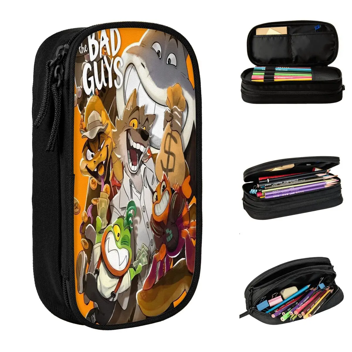 جميل The Bad Guys 2025 فيلم مقلمة كرتونية قلم رصاص الحقيبة صندوق القلم للطلاب أكياس تخزين كبيرة مكتب سستة القرطاسية