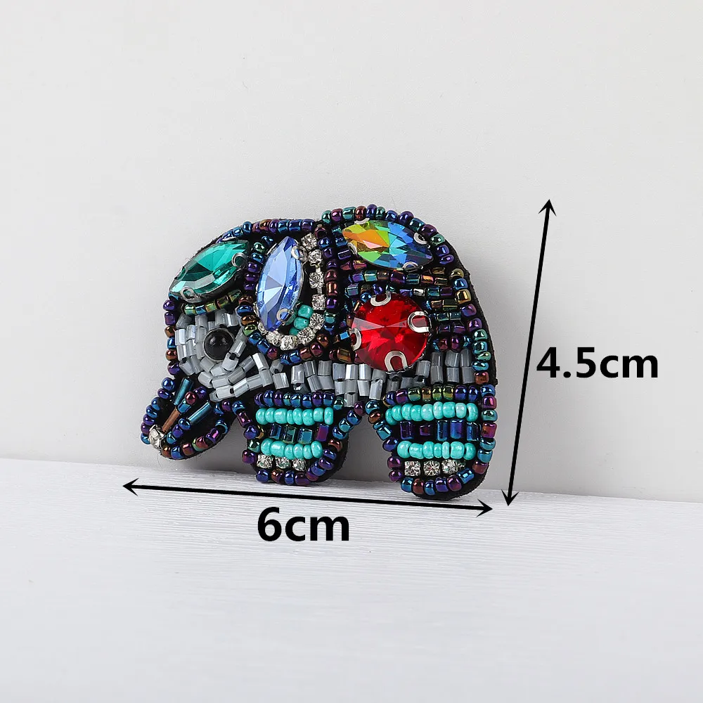 Handmade Cute Patches Rhinestone Beaded Elephant Brooches For Women Vintage Crystal Beads Applique Patch For Clothes Brooch Pins