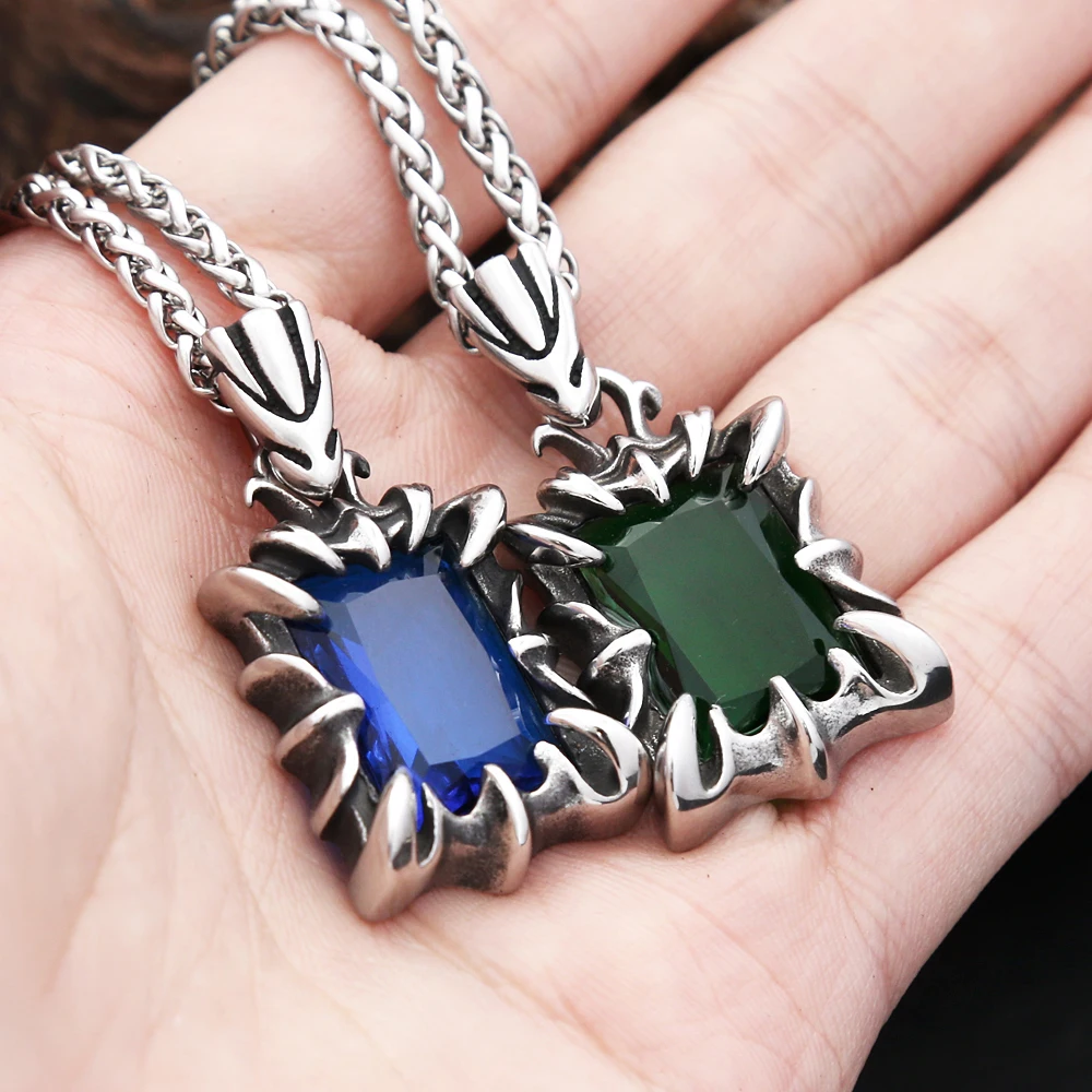 Vintage Fashion Red/Black/Blue/Green Color Stone Pendant Necklace For Men Women Stainless Steel Punk Couple Jewelry Dropshipping