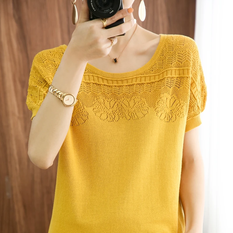 T-shirt women\'s summer new round neck sweater casual top women\'s T-shirt loose solid color pullover large size cotton short slee