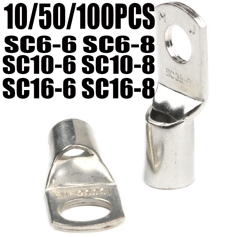 

10/50/100Pcs SC6-6 SC6-8 SC10-6 SC10-8 SC16-6 SC16-8 Wire Ring Connectors Copper Tube Lug Bolt Hole Tinned Copper Cable lugs