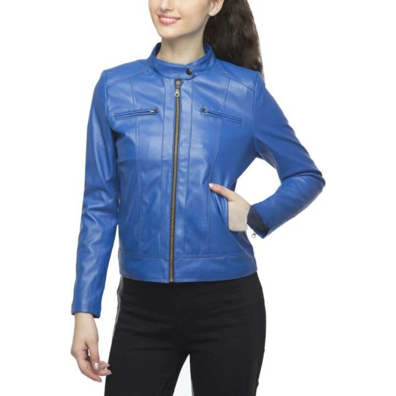 

SEXY Women Soft Authentic Lambskin Pure Leather Jacket Blue Club Wear Biker Coat