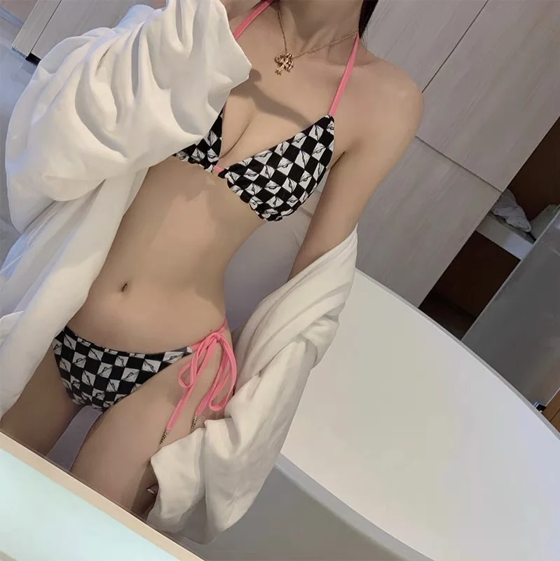 

Новый сексуальный купальник-бикини для женщин: розовый, с тонкими бретелями, для небольшой груди, раздельный, для горячих источников