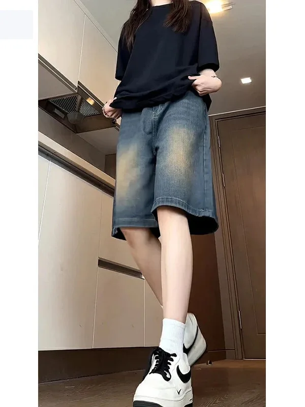 

Мужские винтажные джинсы Waed: летние, тонкие, прямые, в американском стиле, свободные, укороченные (до колена), повседневные, из смесового хлопка и полиэстера