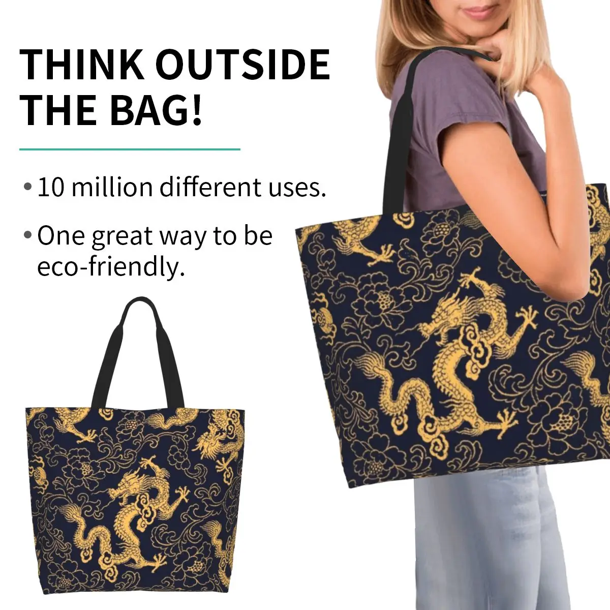 Chinese Traditional Golden Dragon Shopping Tote Bag Canvas Large Capacity Shoulder Bags Shopper Grocery Handbag for Women