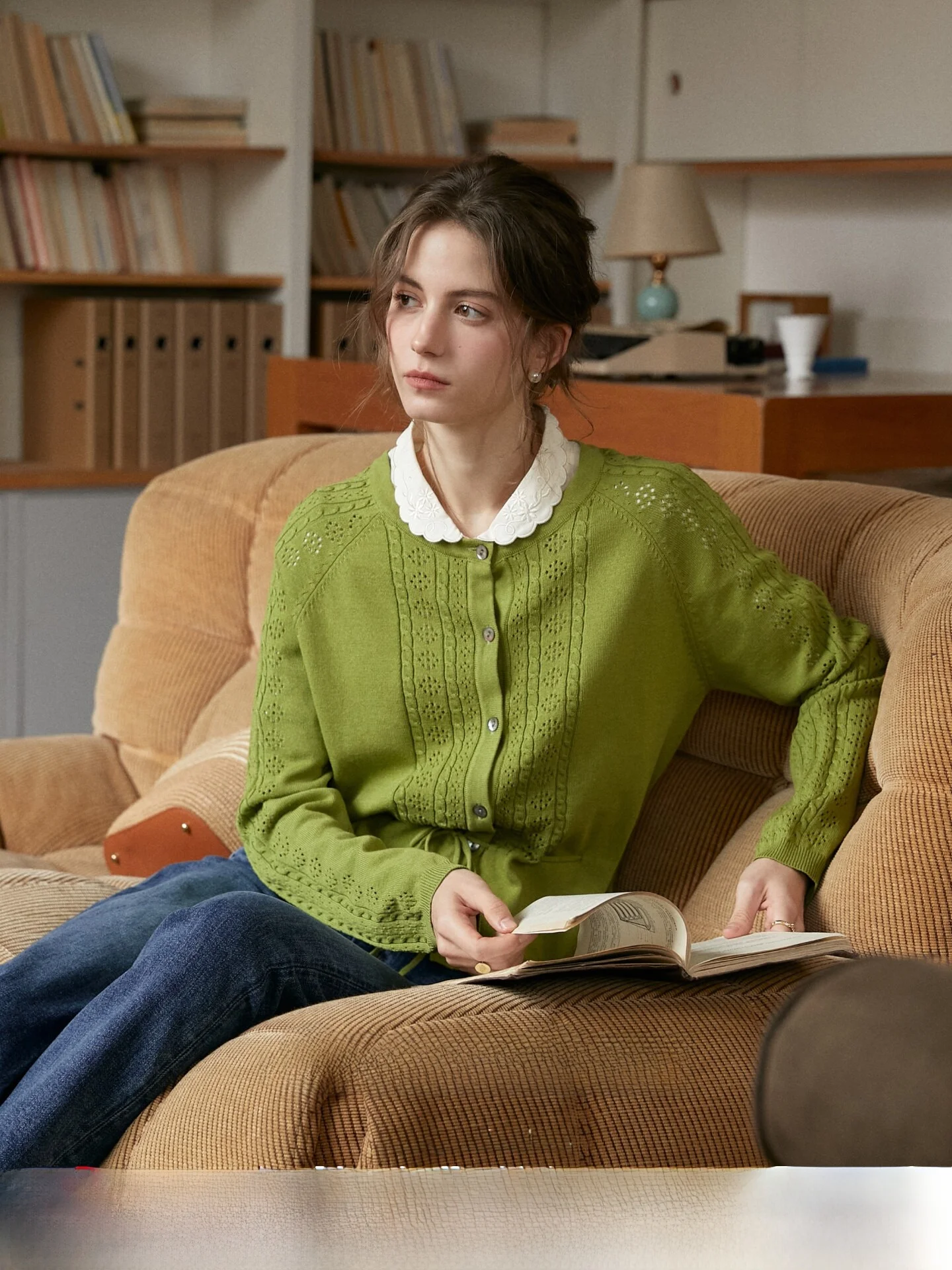 

SimpleRetro French Sle Long Sve Knitted Open Cardigan Women's Dstring Sweater Soft Lenzing Linen Hook Flower Design