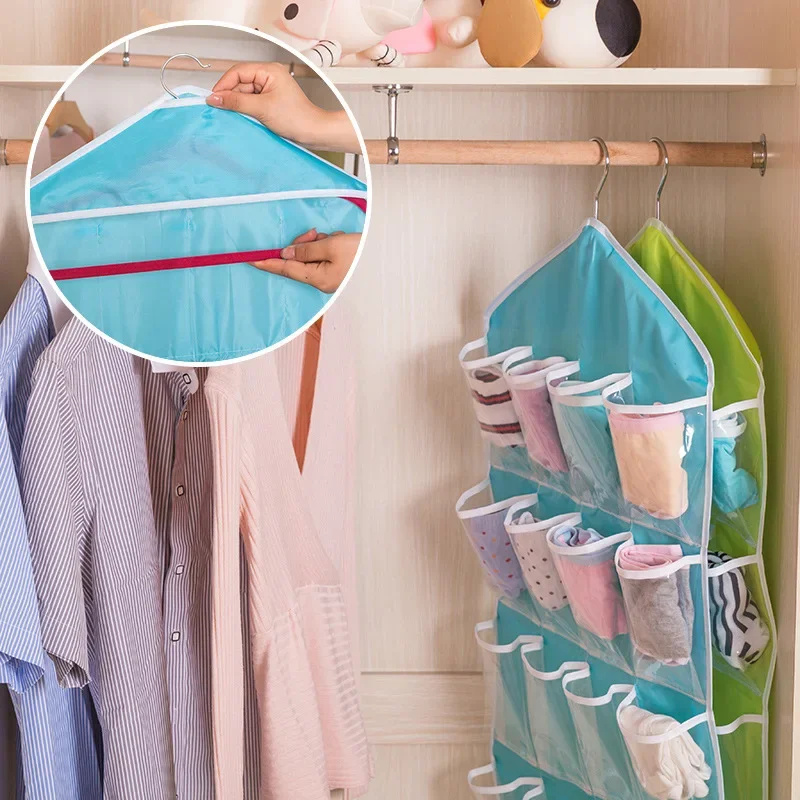 1PC 16 Grid Wall-mounted Clothes Organizer Fabric Closet Bag  Rack Mesh Pocket Clear Hanging Over The Wardrobe