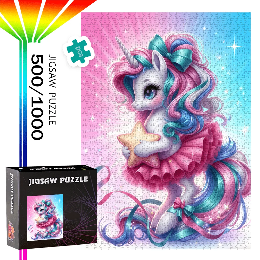 

500 шт. или 1000 шт. головоломка с единорогом и звездами, подходящая для дней рождения, Рождества, Пасхи — портативная коробка, сложный промежуточный Le