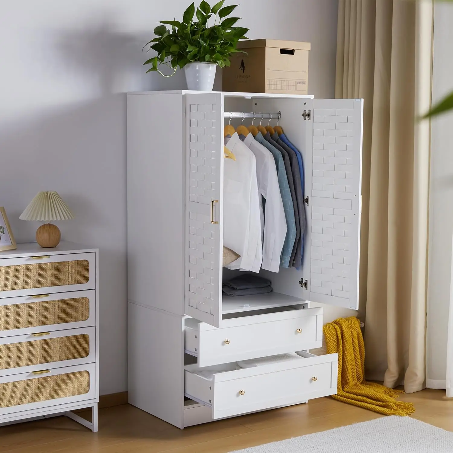 Armadio, armadio guardaroba autoportante con cassetti larghi e asta sospesa, armadio per camera da letto, camera dei bambini, dormitorio (bianco)