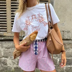 Lobster Cocktail Seafood Graphic Tees Cute Aesthetic La Dolce Vita T Shirt Short Sleeve Cotton Shirt Female Retro Women Tops Y2k