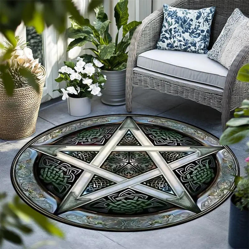 VIKAMA Celtic Knot Pentagram Retro Round Carpet, French Bedroom Light Luxury Floor Mat, Bohemian Style Living Room Rug
